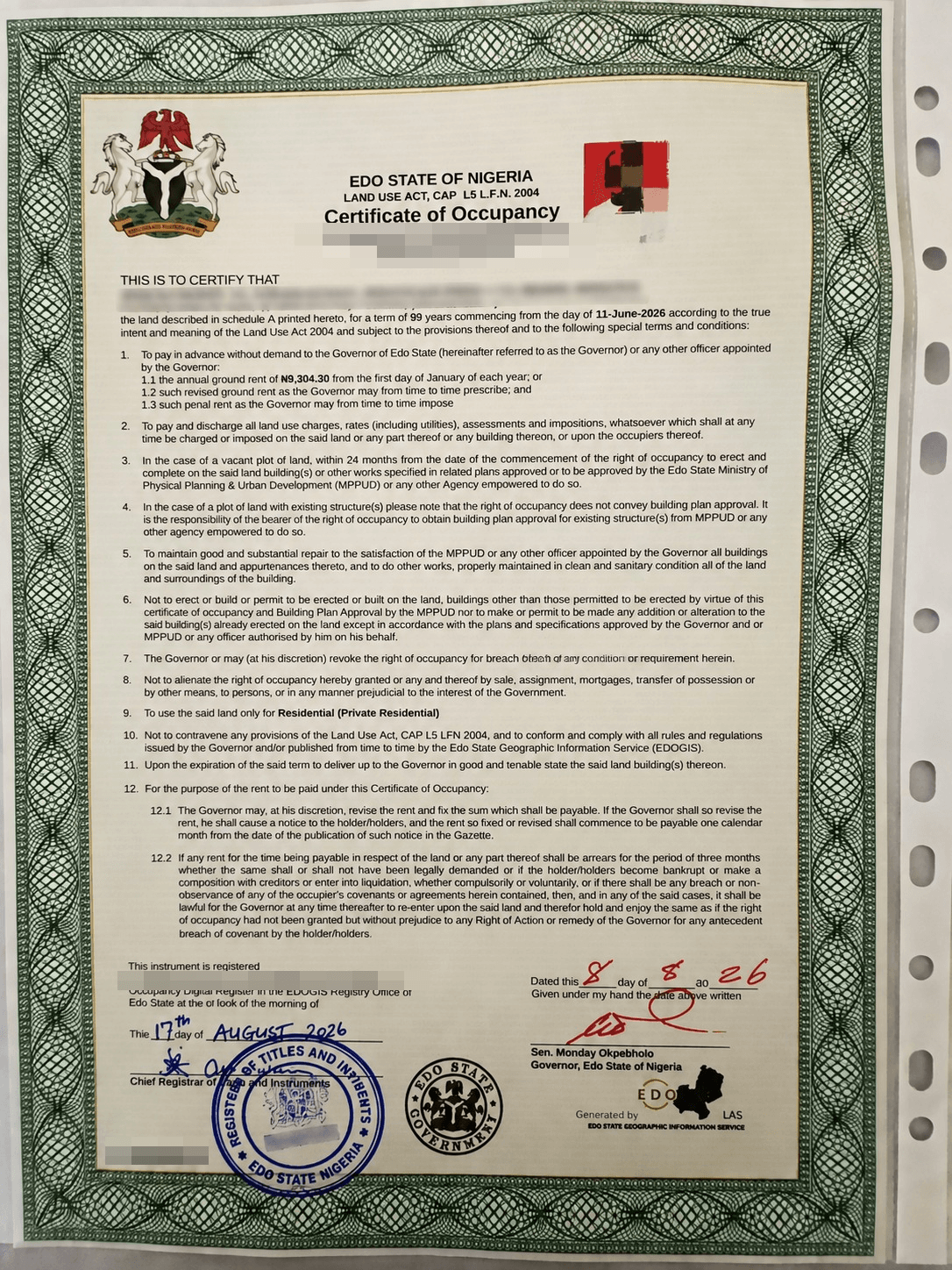 A Certificate of Occupancy issued by the Edo State Government, with the holder's identifying details removed